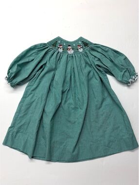 Be Mine Green Smocked Snowman Girls Bishop Dress 18M Holiday Christmas